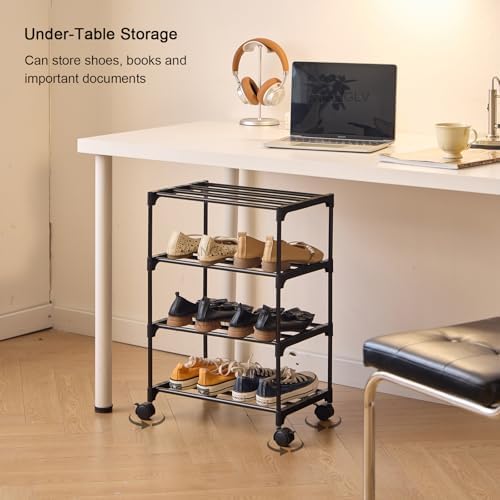 5-Tier Small Shoe Rack with Wheels, Slide-Out Metal Shoe Racks Storage, Anti-Rust Coating, Stackable Design - 16.9W for Entryway, Kitchen, Living Room & Office - Black - Image 5