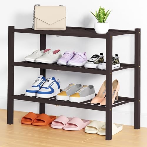 Smiry Bamboo Shoe Rack, 14 Vertical Slats, 3 Tier - 26.8" Wide, Brown by Smiry