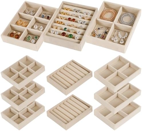 Small 8-Piece Velvet Jewelry Drawer Organizer Inserts Stackable Trays,Beige by RingsTown