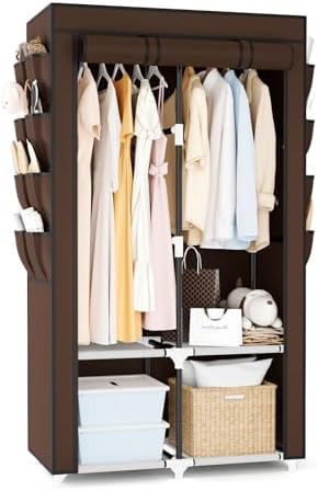 Portable Closet for Hanging Clothes, Portable Wardrobe Closet with Cover, 4 Storage Shelves, 2 Hanging Rods and 8 Side Pockets Easy Assembly and Sturdy Free Standing Closet for Bedroom Brown by BRFOYU