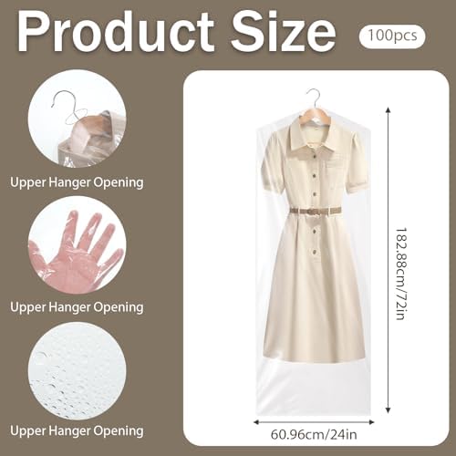 100 Pack 71 Inch Clear Plastic Garment Bag, Extra Long Dry Cleaning Bag, Dry Cleaner Hanging Clothes Cover, Hanging Clothes Storage for Long Dresses, Home Storage, Travel, Moving - Dust-proof - Image 2