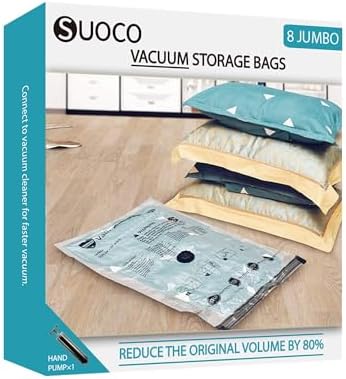 Vacuum Storage Bags, Compression Packing Space Saver Seal Bags for Clothing Bedding Comforters Blankets Pillows, 8 Jumbo by SUOCO