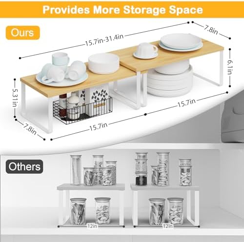 OGEMXU Cabinet Shelf Organizers, 15.7 inches Large Kitchen Counter Shelf, Set of 4 Wood Kitchen Pantry Organizer, Storage Shelves for Countertop, Spice Rack, Stackable, Expandable, Metal White, Nature - Image 2