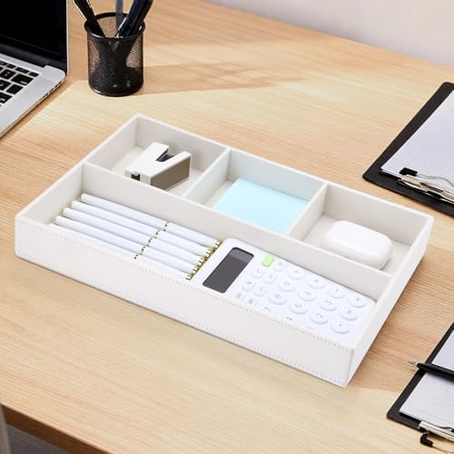 KINGFOM PU Leather Desk Drawer Organizer, 4 Compartment Office Supplies Stationery Storage Tray, Desk Organizers and Accessories Drawer Organizer Tray for Home, Makeup, Jewelry Stackable White - Image 4
