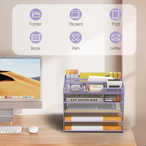 5 Tier Paper Letter Tray Desk Organizer with Pen Holders - Purple - Image 7