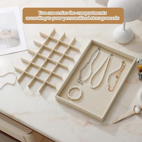 Large Jewelry Organizer for Drawer Insert Velvet Stackable Jewelry Trays for Earring Necklace Bracelet Ring Display (Beige, 24 Grids) - Image 6