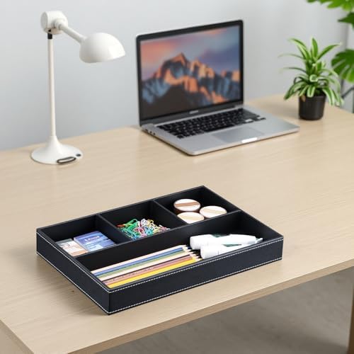 KINGFOM Pu Leather Desk Organizer Tray, 4 Compartment Office Storage Supplies Stationery Drawer Tray, Nightstand Bedside Tray for Key, Wallet, Sunglass, Watch, Coin, Phone Valet Tray Stackable Black - Image 6