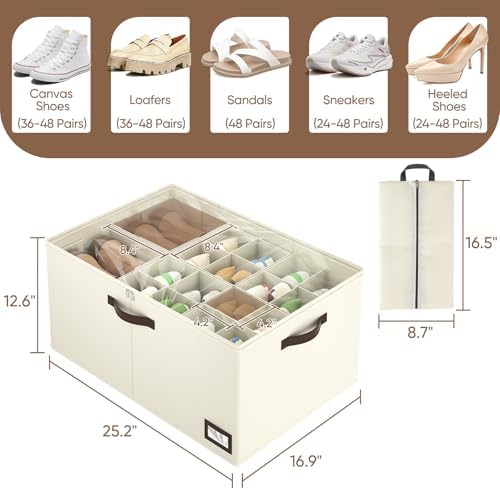 OIAHOMY 2 Pack Shoe Organizer for Closet, Large Foldable Shoe Storage Bins with Dividers and Reinforced Handles, Each Clear Cover Sneaker Box Fits Up to 24 Pairs for Entryway and Bedroom, Beige - Image 3