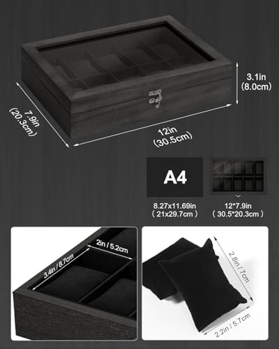 Uten Watch Box 10 Slot, Watch Case with Glass Lid, All Black - Image 2