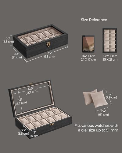 SONGMICS 12-Slot Wooden Watch Box, Display Case with Large Glass Lid - Image 5