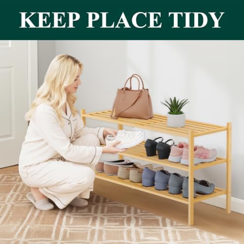 Smiry Bamboo Shoe Rack, 5 Horizontal Slats, 3 Tier - 33.9" Wide, Natural - Image 3