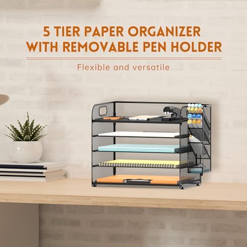 5-Tier Paper Organizer for Desk with Pen Holders, Letter Trays, Black - Image 2