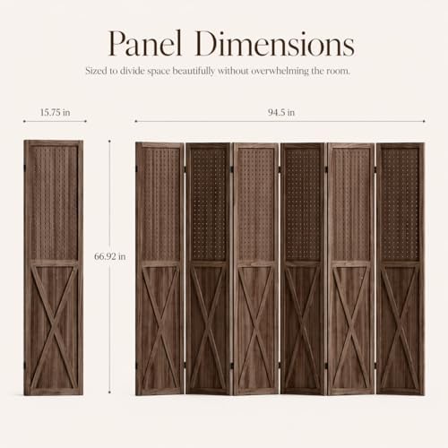 6 Panel Wood Pegboard Room Divider Folding Privacy Screen Brown - Image 2