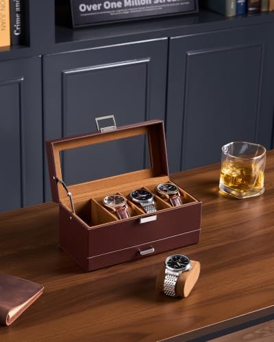 Lolalet 4-Slot Watch Case for Men, Mens Jewelry Box with Glass Lid-Espresso - Image 6