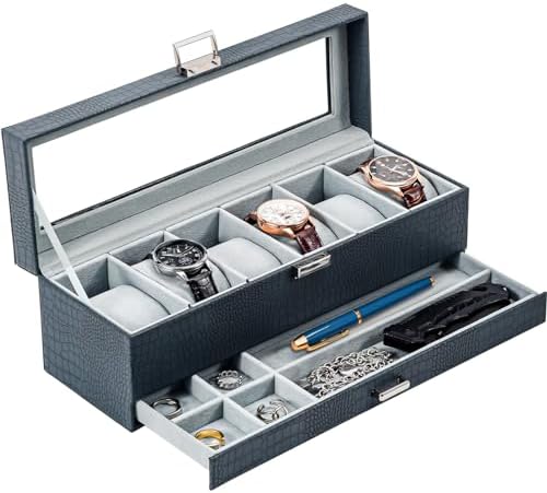 ProCase Watch Box, 6 Slot Watch Display Case with Drawer -CrocCobaltBlue by ProCase