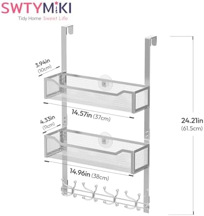SWTYMIKI Over The Door Hook with 16 Hooks & 2 Mesh Baskets - Heavy Duty Over The Door Organizer Hanger for Towels, Coats, Clothes - Space Saving Hanging Rack for Bathroom, Living Room, Silver - Image 3