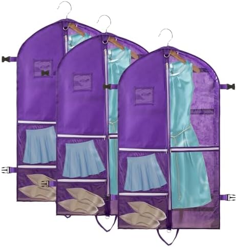3 Pack Garment Bags for Dance Costumes,40 Inch Dance Garment Bags for Dancers Kids Dance Recital Bags Competition Cheer Uniform Garment Bag for Travel Storage,Dance Recital Gifts for Girls.Purple by QEES