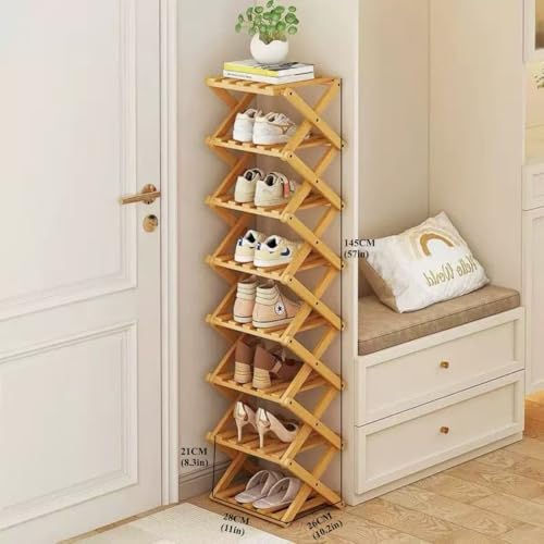 8 Tier Foldable Shoe Rack, Bamboo Vertical Shoe Organizer Tall for Multifunctional Narrow Shoe Shelf for Entryway, Closet, Corner, Bedroom, Hallway(Natural) - Image 2