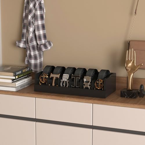 Belt Organizer for Closet - 6 Grids Black Bamboo Belt Storage Organizer Racks for Men Women's Drawer, Belt Display Holder Wall Mount with 2 Pcs Tie Clip - Image 7