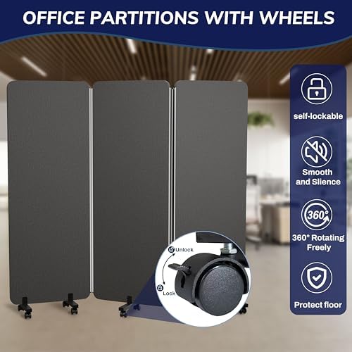 3 Panel Foldable Office Partitions, Mobile Cubicle Wall with Wheels - Image 4