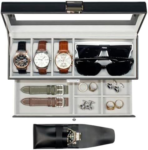 Watch and Sunglasses Box, 3 Slots, Glass Lid and Drawer for Men by Unknown