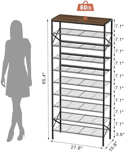 10 Tier Metal Shoe Rack with Wood Top, 30-40 Pairs - Image 3