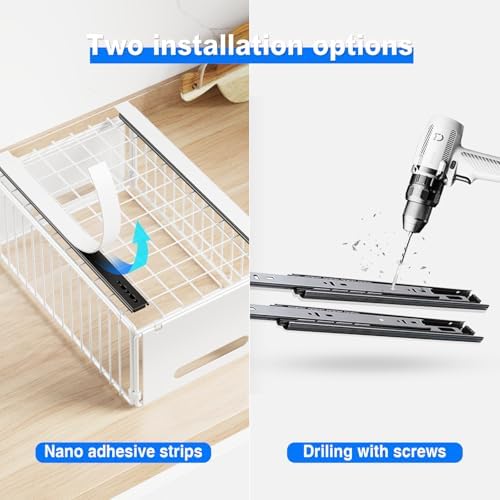 Mustorn 2 Pack Pull Out Cabinet Organizer, Slide Out Drawers for Cabinets, Peel and Stick, Heavy Duty Shelves for Kitchen, Cupboard, Pantry, Bathroom (14.76" D*9.65" W*7.87" H-White) - Image 5