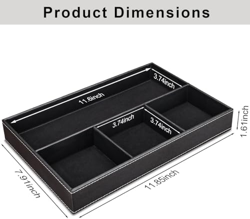 KINGFOM Pu Leather Desk Organizer Tray, 4 Compartment Office Storage Supplies Stationery Drawer Tray, Nightstand Bedside Tray for Key, Wallet, Sunglass, Watch, Coin, Phone Valet Tray Stackable Black - Image 2