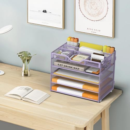 5 Tier Paper Letter Tray Desk Organizer with Pen Holders - Purple - Image 6