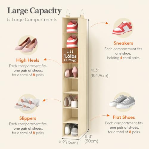 Lifewit 8 Section Hanging Shoe Storage Organizer for Closet Foldable, Beige - Image 2