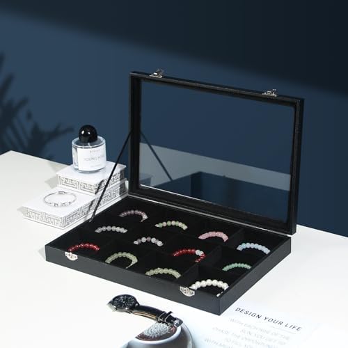 Coward Jewelry Organizer Box, Black Velvet 12 Grids Bracelet Bangle Necklace Jewelry Display Tray Case with Transparent Glass Lid for Home Drawer Desk or Store Selling Show - Image 3