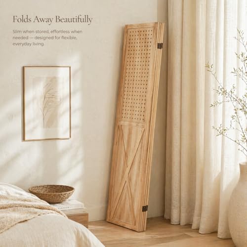 4 Panel Wood Pegboard Room Divider Folding Privacy Screen Light Brown - Image 6