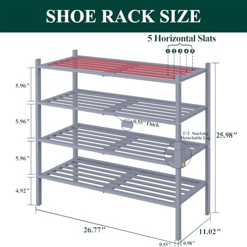 Smiry Bamboo Shoe Rack, 5 Horizontal Slats, 4 Tier - 26.8" Wide, Grey - Image 2