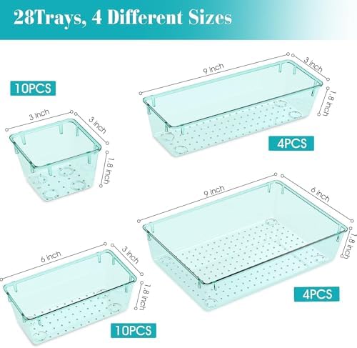 StorMiracle 28 PCS Clear Plastic Drawer Organizers Set, 4 Size Desk Drawer Organizer Trays for Makeup, Jewelry, Kitchen Utensils, Gadgets and Office Accessories, Sea Blue - Image 2