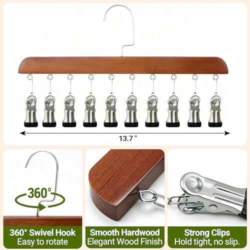 4-Pack Pants Hangers with Clips – 10 Clips Each, Space Saving Closet Organizer Hanger for Leggings, Jeans, Hats, Shorts, Belts, Scarves – Closet Organizer (4, Brown) - Image 2