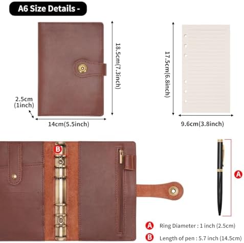 Wonderpool A6 Binder Journal Leather Spiral Notebook Refillable College Ruled Paper, Budget Binder Rings Diary Organizer with Pen for Office School Travel Business Planning Writing (Coffee,A6) - Image 5