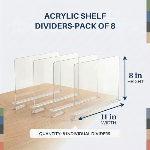 Acrylic Shelf Dividers, 8 Pack Clear Closet Shelf Organizer, Slide-On Vertical Dividers for Sweaters, Shirts, Towels & Handbags, Fits 3/4 in Shelves, 11 x 8 in - Image 2