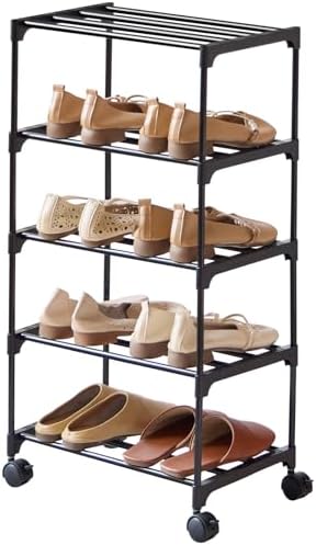 5-Tier Small Shoe Rack with Wheels, Slide-Out Metal Shoe Racks Storage, Anti-Rust Coating, Stackable Design - 16.9W for Entryway, Kitchen, Living Room & Office - Black by Unknown