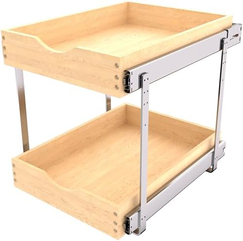 JOWBOOW 2 Tier Pull Out Cabinet Organizer 14"W x 22"D, Solid Wood by JOWBOOW