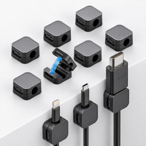 10 Pack Cord Organizer, Magnetic Cable Management, Cord Holder for Desk, Adhesive Cable Clips Wire Keeper for Nightstand, Home, Office, Desktop, Car, Wall (Black) by IHIJHD