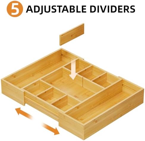 Marbrasse Bamboo Expandable Drawer Organizer, Desk Drawer Organizer Tray with 5 Dividers, Desk Organizers and Accessories, 10 Adjustable Compartments for Office Supplies, Junk, Makeup & Vanity - Image 3