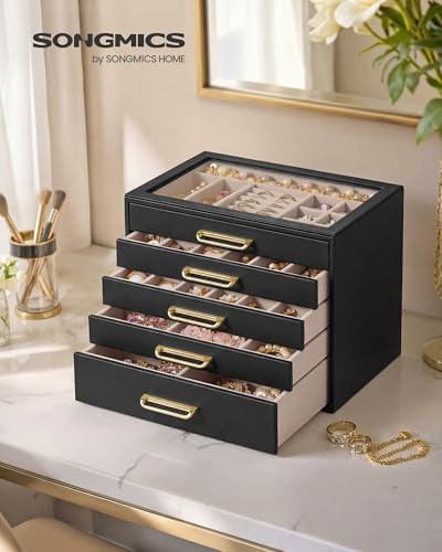 SONGMICS 5-Layer Jewelry Box with Glass Window, 5 Drawers, Golden Handles - Image 2
