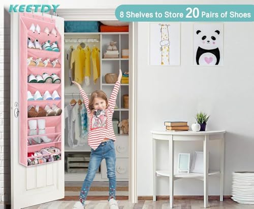 KEETDY Over The Door Shoe Organizer Fit 20 Pairs Sneakers Large Hanging Shoe Organizer for Closet Door Storage Boots, Pink - Image 3