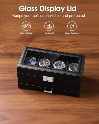 Lolalet 4-Slot Watch Case for Men, Mens Jewelry Box with Glass Lid -Black - Image 2