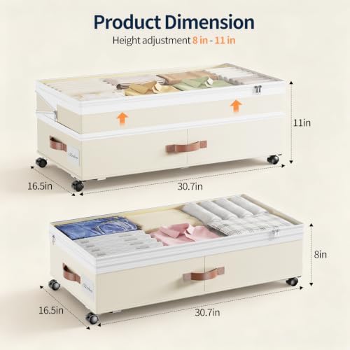 Yecaye 90L Under Bed Storage with Wheels, Height Adjustable, 2 Pack, Beige - Image 2