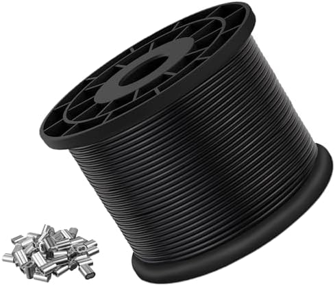 Vinyl Coated Wire Rope 304 Stainless Steel Coated Wire Cable-Black, 1/16" OD to 3/32" x 1000FT, with 300 Pcs Crimping Sleeves-Cable for String Lights, Suitable for Clotheslines by TeakFoldingShowerSeatWall
