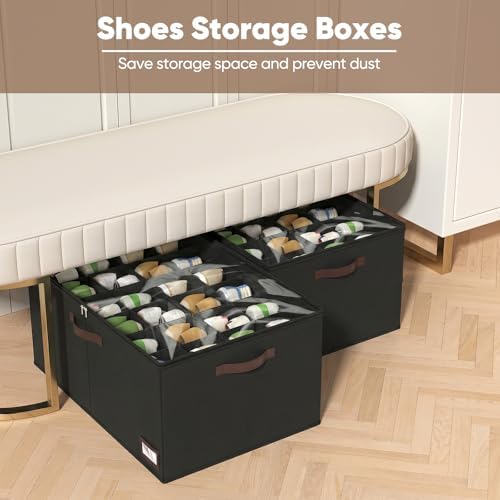 OIAHOMY 2 Pack Shoe Organizer for Closet, Large Foldable Shoe Storage Bins with Dividers and Reinforced Handles, Each Clear Cover Sneaker Box Fits Up to 24 Pairs for Entryway and Bedroom, Black - Image 2