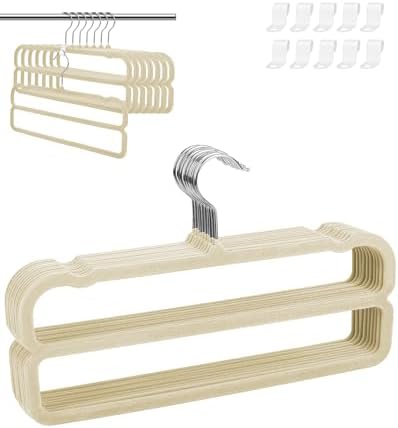 10 Pack Velvet Pants Hangers Space Saving, Non Slip 2-Layer Hanger (Beige) by Yxspace