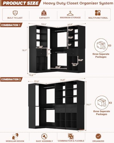 Besiost Closet System with 4 Drawers, 53.5"*53.5"/ 31.5"*75.5" Closet Organizer System with Corner Tower, L Shaped Walk-in Closet System, Corner Closet System with Shelves, Set of 3, Black - Image 2