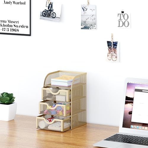 EasyPAG Mesh Desk Organizer with 3 Drawer Office Desktop Organizers and Accessories Stationery Caddy for Office, Home, Students, Gold - Image 5